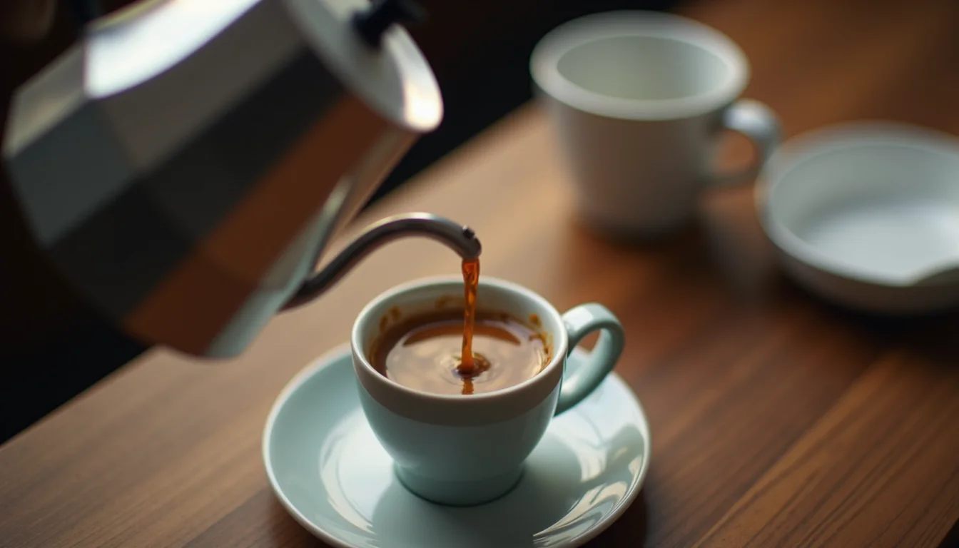 Fresh coffee pouring from Bialetti Moka Pot into a cup